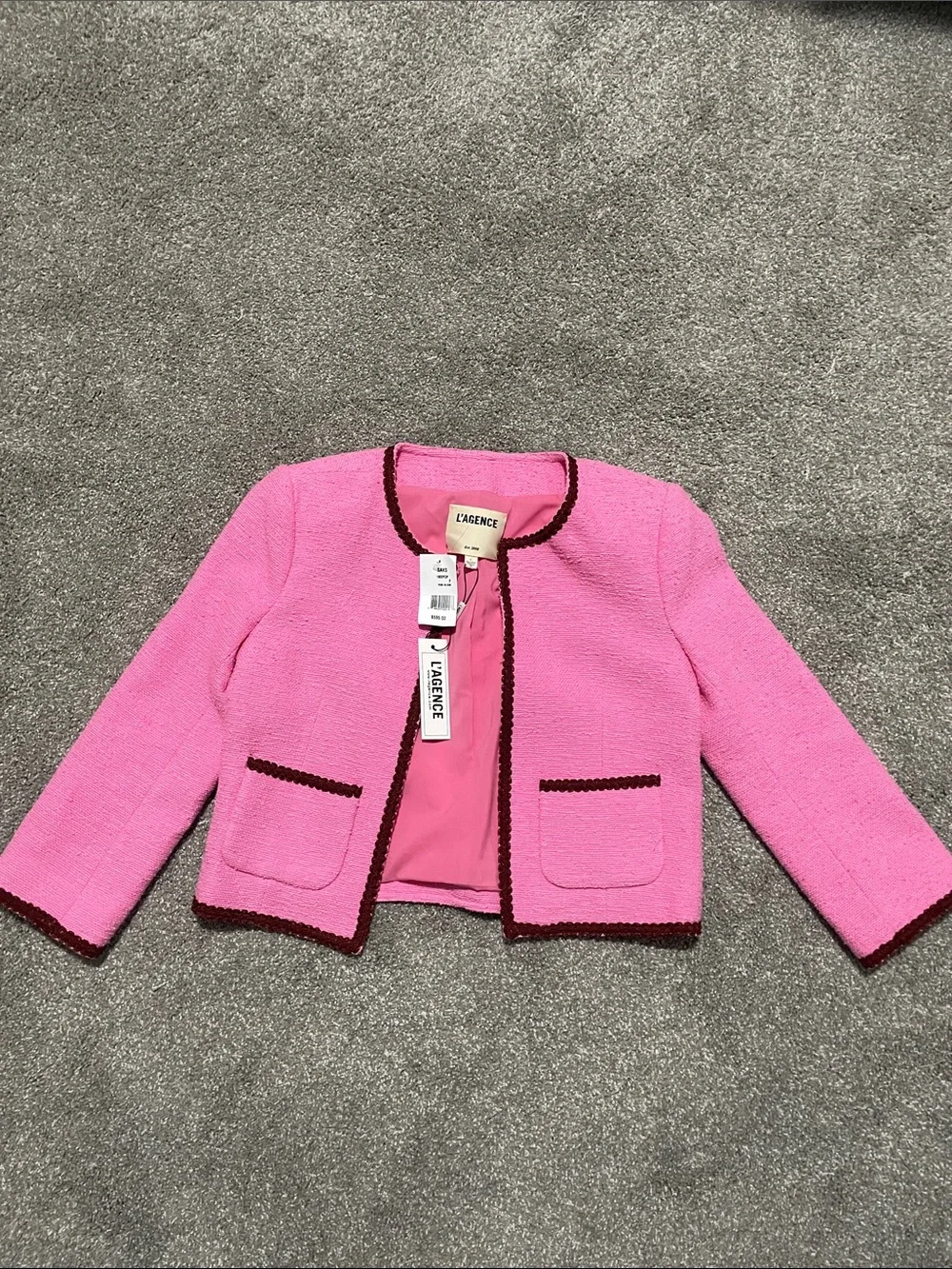L'AGENCE Girls' Pink Jacket with Burgundy Trim
